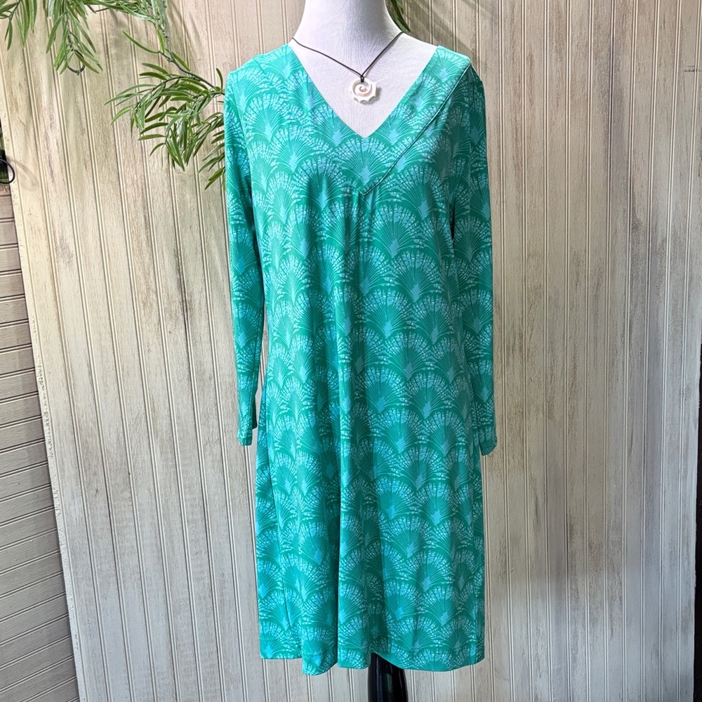 Escapada Green & Aqua Shell Patterned Dress, 3/4 Sleeves, NWOT, Size Medium